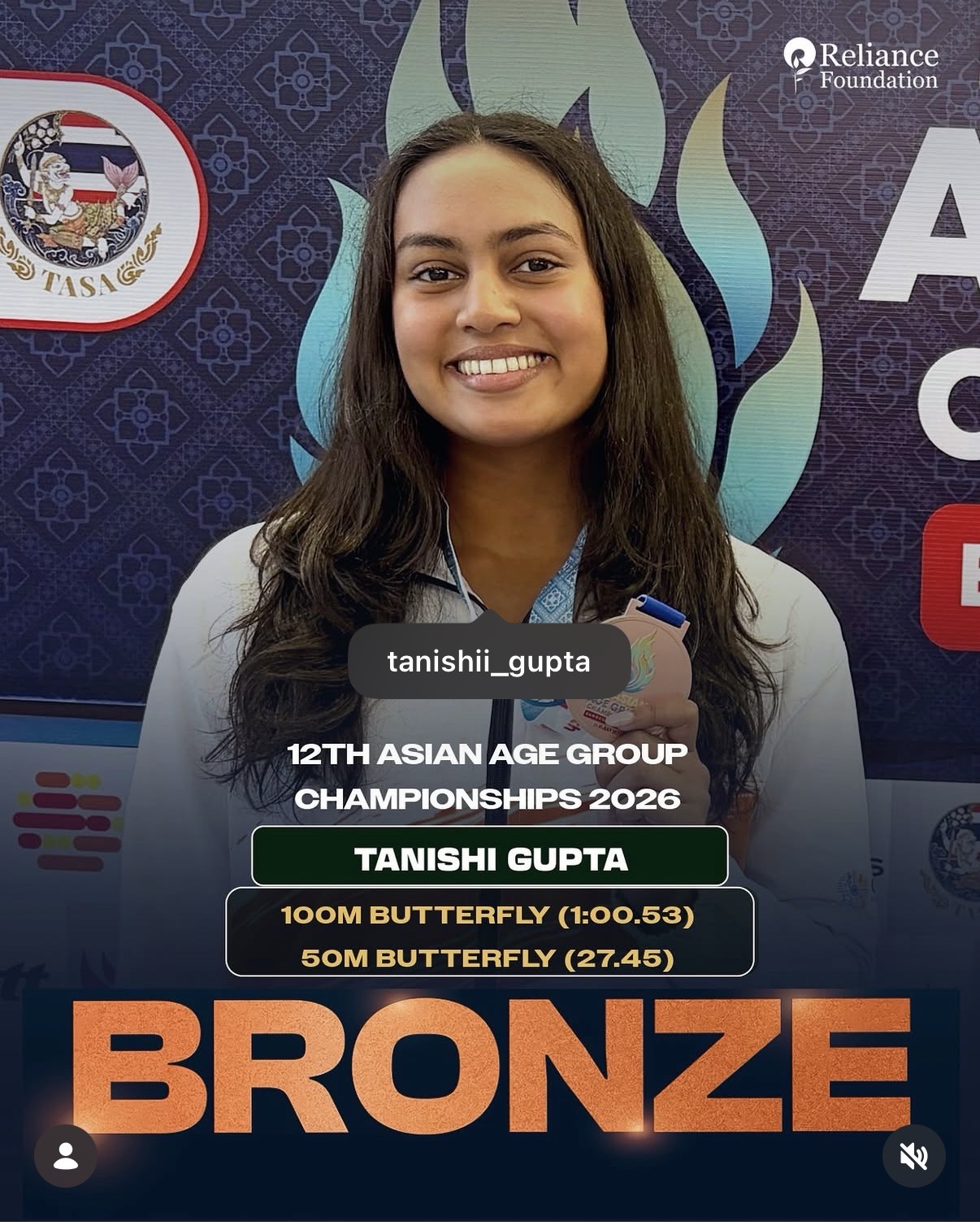 Tanishi Gupta bronze at the 12th Asian Age Group Championships — 100m & 50m butterfly